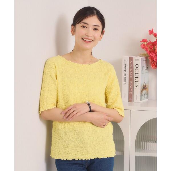 tシャツ 半袖 「手洗い可」シャーリング5分袖プルオーバー レディース