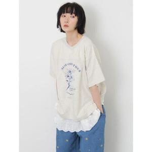 tシャツ 半袖 「接触冷感」ミニ裏毛切替フラワープリントTシャツ レディース