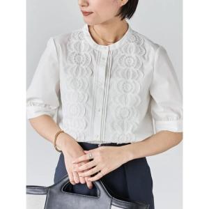 ブラウス シャツ ピンタック＆レース5分袖ブラウス レディース