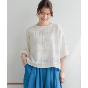 ブラウス シャツ ダブルフロントシアージャガードチェッククルーネックブラウス レディース