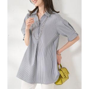 チュニック 麻調素材袖パール付シャツチュニック