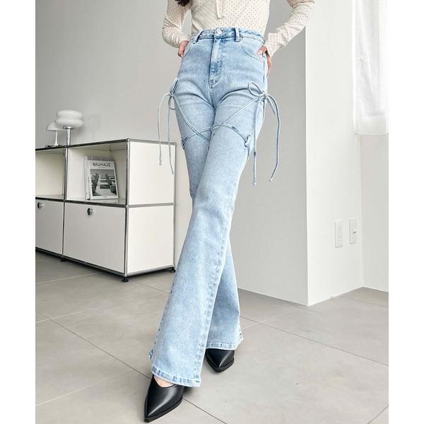 ジーンズ デニム デニムパンツ レースアップサイドリボンストレッチフレアデニムパンツ レディース