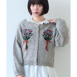 カーディガン ペルーハンドニット チューリップ刺繍 カーディガン レディース
