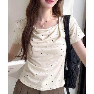 tシャツ 半袖 ドット柄 ドレープネック タイト シルエット カットソー レディース
