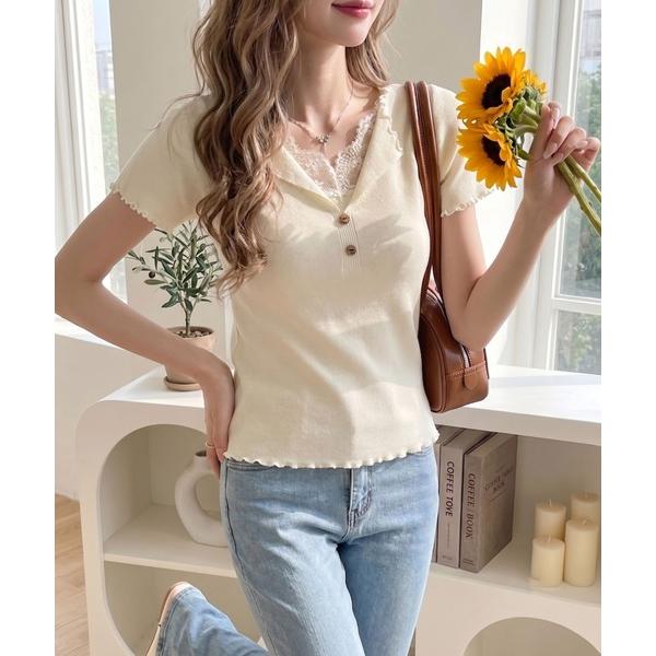 tシャツ 半袖 レース ドッキング Vネック メロウ 仕上げ カットソー レディース
