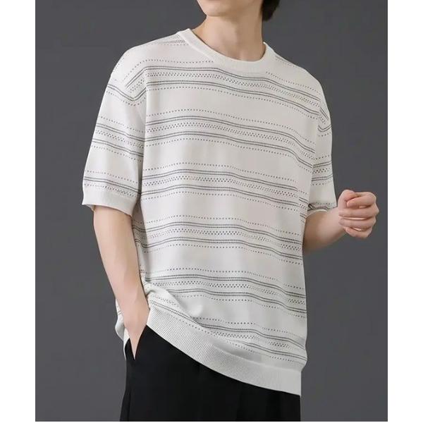 tシャツ 透かし編みボーダーニット半袖Tシャツ／サマーニット ルーズシルエット メンズ
