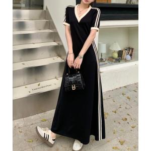 ワンピース サイドラインVネック配色ワンピース