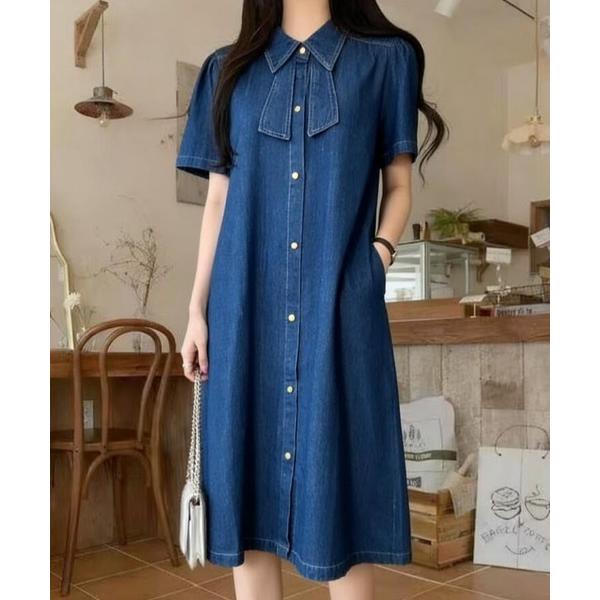 ワンピース リボンカラー 前開き 半袖 ルーズ デニムワンピース
