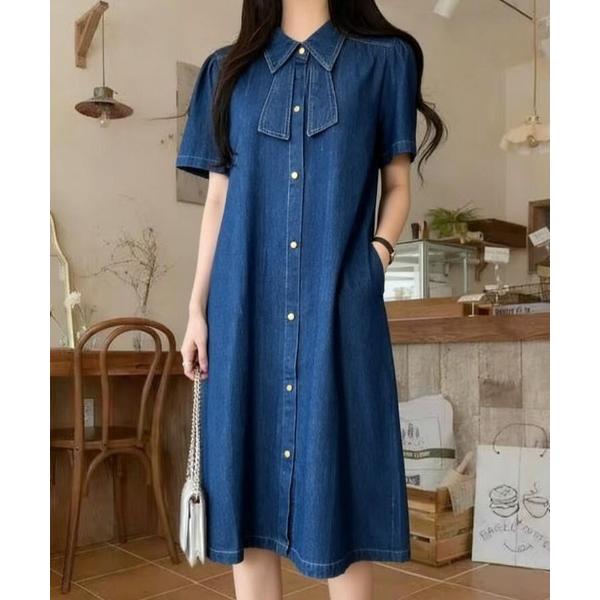 ワンピース リボンカラー 前開き 半袖 ルーズ デニムワンピース