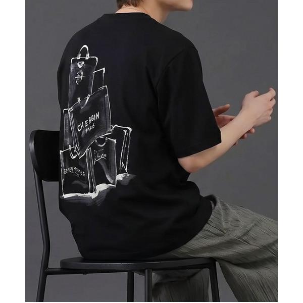 tシャツ トートバッグアートプリントTシャツ／モノトーンスケッチデザイン 半袖ルーズT メンズ