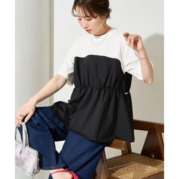 tシャツ 限定展開　布帛 ドッキング ドロー コード 半袖 Tシャツ レディース