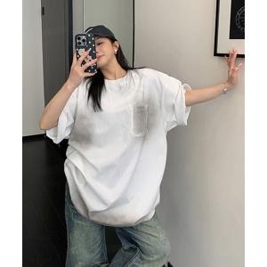 tシャツ 韓国ファッション OISISダメージ加工テープデザイン半袖Tシャツ レディース メンズ