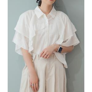 ブラウス シャツ アシンメトリーフリル楊柳ブラウス クロップド丈 レディース