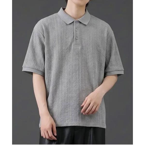 tシャツ リブジャガード 半袖ポロシャツ／ストライプ編み テクスチャーポロトップス メンズ