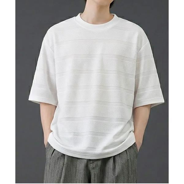 tシャツ ボーダージャガード サマーニットTシャツ／クルーネック 半袖トップス メンズ