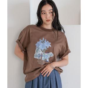 tシャツ 半袖 「daily CLIP」フラワーコラージュミドルTシャツ レディース