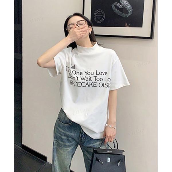 tシャツ 韓国ファッション RICECAKE英字プリント半袖モックネックTシャツ レディース