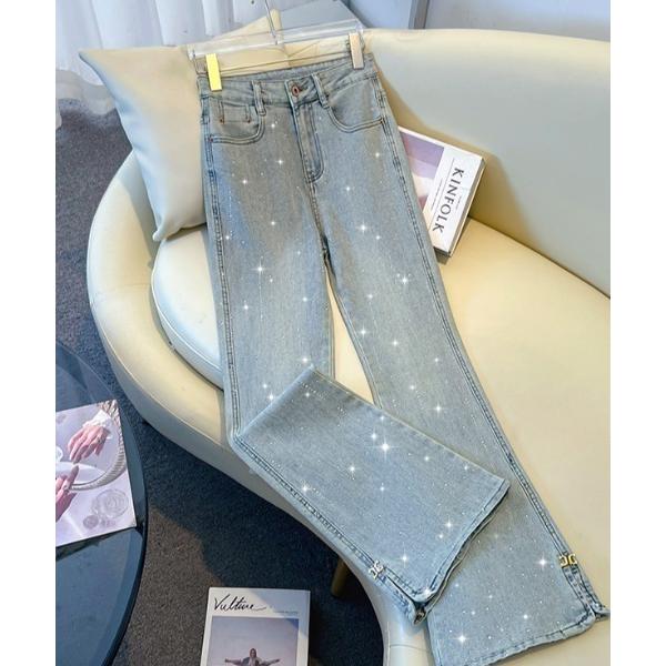 ジーンズ デニム デニムパンツ ラインストーンデザインスリムフレアデニムパンツ レディース