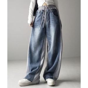 ワイドパンツ ジーンズ デニム デニムパンツ デニムサイドスウェット切替ワイドパンツ レディース