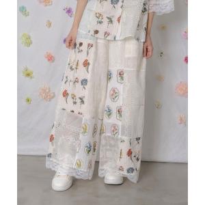 ワイドパンツ パンツ ScoLar(スカラー) 花刺繍×コットンレース×シアー 異素材パンツ レディース