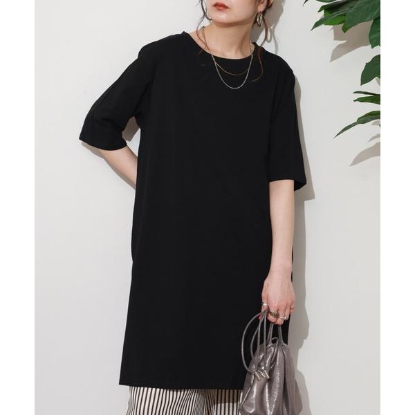 tシャツ ５分袖サイドスリットロングTシャツ レディース