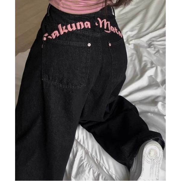 ワイドパンツ ジーンズ デニム デニムパンツ バック英字デザインルーズデニム レディース