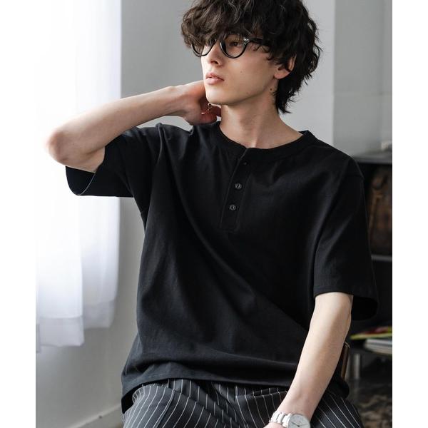 ヘンリーネック tシャツ ケミカル加工 短丈 クロップド ショート丈半袖コットンヘンリーネックTシャ...