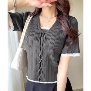 tシャツ 半袖 「mily bilet」 1枚で主役級！レイヤード風袖レース使いリボンデザインリブニットプルオーバー(半袖) レディース