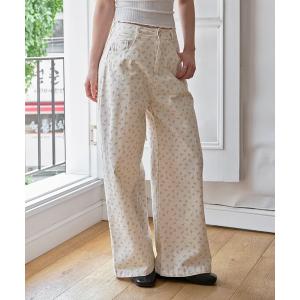 ワイドパンツ ジーンズ デニム デニムパンツ 花柄ラブリーワイドストレートデニムパンツ レディース