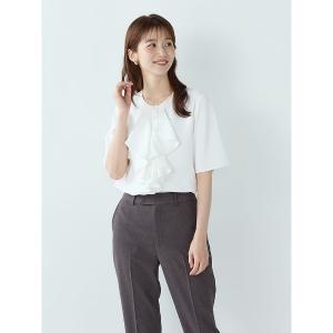 ブラウス シャツ 夏 半袖 「接触冷感/UVカット/ウォッシャブル」フリルリボンブラウス　オフホワイト/D.ブラウン/サックス/ネイビー レディース
