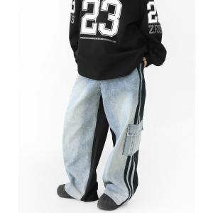 ジーンズ 「ハイエンド級クオリティ」異素材MIX デニム＆ナイロン サイドライン ワイドカーゴパンツ メンズ レディース