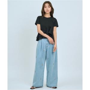 ワイドパンツ ジーンズ デニム デニムパンツ ビジュータックデニムパンツ レディース