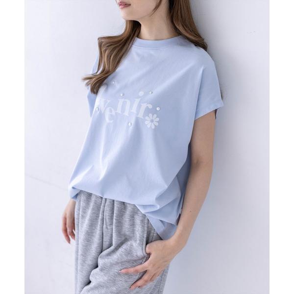 tシャツ 半袖 フレンチスリーブパール付きプリントロゴTシャツ「骨格ナチュラル/ゆったり/体型カバー...