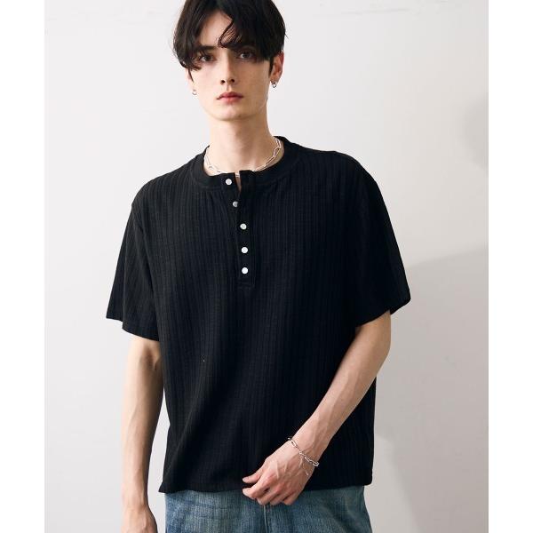 ヘンリーネック tシャツ Ribbed knit henley top / リブヘンリーネックカット...