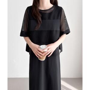 セットアップ メッシュ切替バックスリットブラウス＆ノースーリブワンピース２点セット レディース