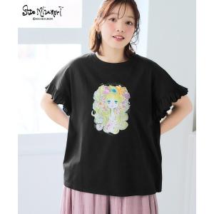 tシャツ 「大きいサイズ」「水森亜土」袖フリルプリントTシャツ レディース