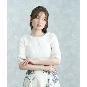 ニット セーター 襟レース袖口パール半袖リブニット レディース