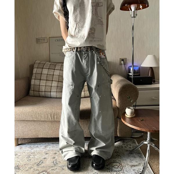 ワイドパンツ パンツ ルーズシルエットペイント風ダブルニーパンツ メンズ レディース