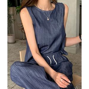 セットアップ セットアップ レディース ノースリーブ トップス ワイドパンツ デニム風 レディース