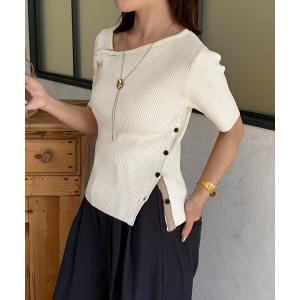 ニット セーター バイカラーアシメネック半袖ニット レディース