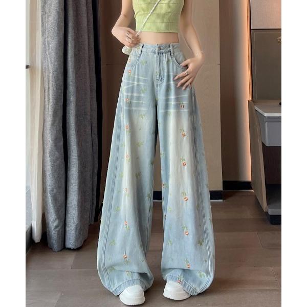ワイドパンツ ジーンズ デニム デニムパンツ フラワー刺繍ワイドデニムパンツ レディース
