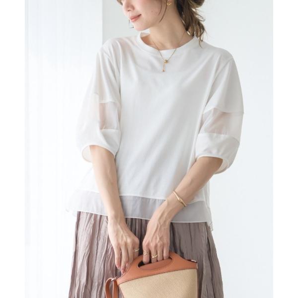 tシャツ 透け袖で差がつく、大人Tシャツ。ランタンスリーブ オーガンジー切り替えTシャツ レディース