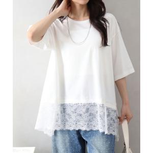 tシャツ 裾レースヘム5分袖プルオーバートップス レディース