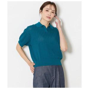 ニット セーター 強撚コットン 透かし編み柄ニットポロ レディース