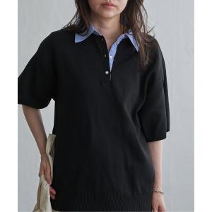 ブラウス シャツ 半袖 シャツ襟 半袖ポロニット レディース