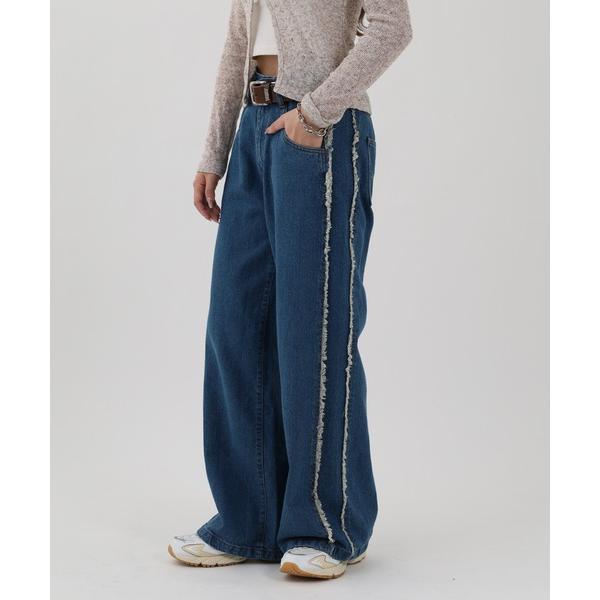ジーンズ デニム デニムパンツ サイドフリンジワイドデニム レディース