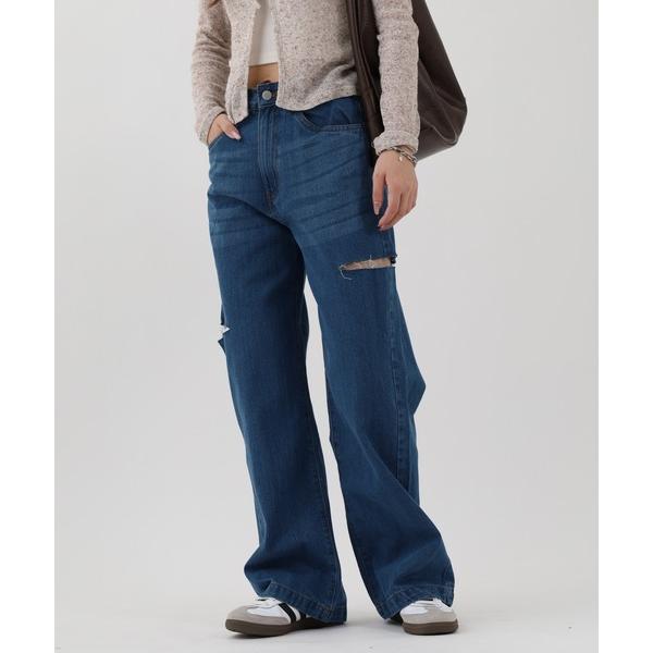 ジーンズ デニム デニムパンツ デニムダメージストレートパンツ レディース