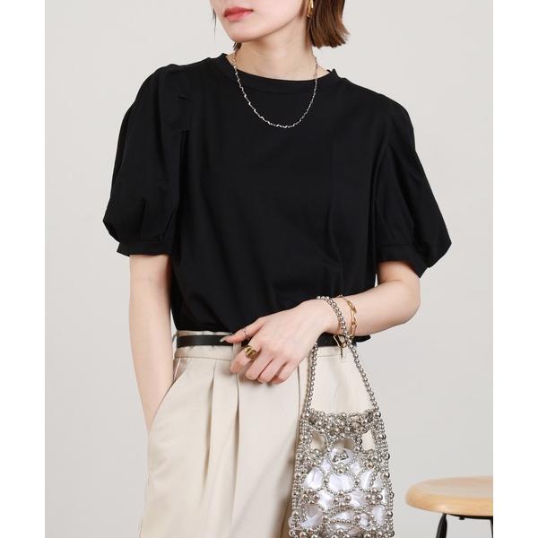 tシャツ ラウンドネックパフスリーブ半袖Tシャツ レディース