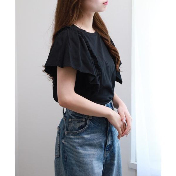 tシャツ ショルダーフリルフレンチスリーブTシャツ レディース