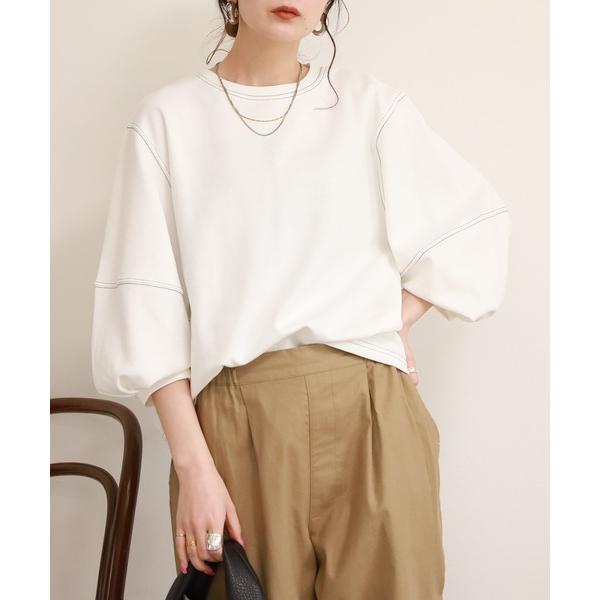 tシャツ 配色ステッチ バルーンスリーブTシャツ 半端袖 レディース